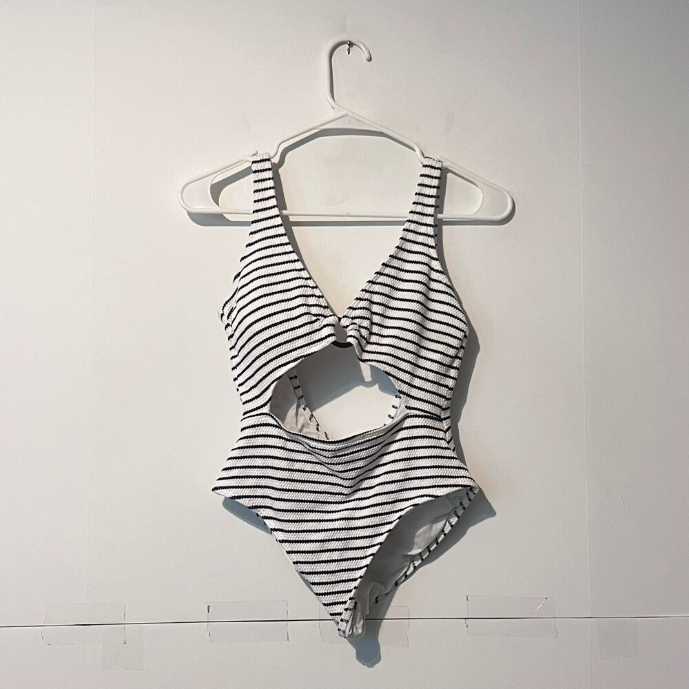 Modcloth Womens Swimsuit Size S White Striped Black One Piece Halter Tank